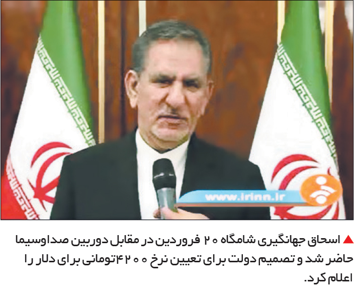 تجارت فردا- اسحاق جهانگیری شامگاه 20 فروردین در مقابل دوربین صداوسیما حاضر شد و تصمیم دولت برای تعیین نرخ 4200تومانی برای دلار را اعلام کرد.