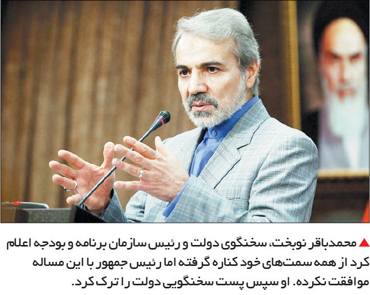 تجارت فردا-  محمدباقر نوبخت، سخنگوی دولت و رئیس سازمان برنامه و بودجه اعلام کرد از همه سمت‌های خود کناره گرفته اما رئیس جمهور با این مساله موافقت نکرده. او سپس پست سخنگویی دولت را ترک کرد. 
